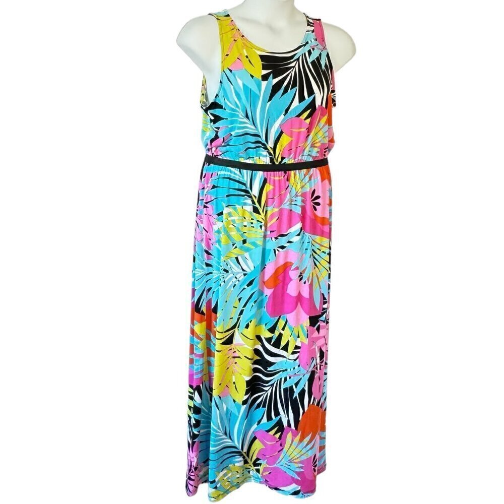 Ruby Rd Maxi Dress Tropical Stretch Sleeveless Scoop Neck Elastic Waist Large
